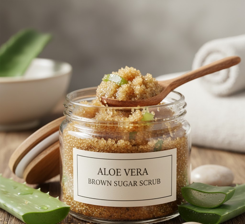 অ্যালোভেরা–ব্রাউন সুগার স্ক্রাব: অ্যালোভেরা জেলের সঙ্গে ব্রাউন সুগার মিশিয়ে হালকা করে মুখে ঘষুন। অ্যালোভেরা ত্বক ঠান্ডা রাখে, আর চিনি ত্বক এক্সফোলিয়েট করে।