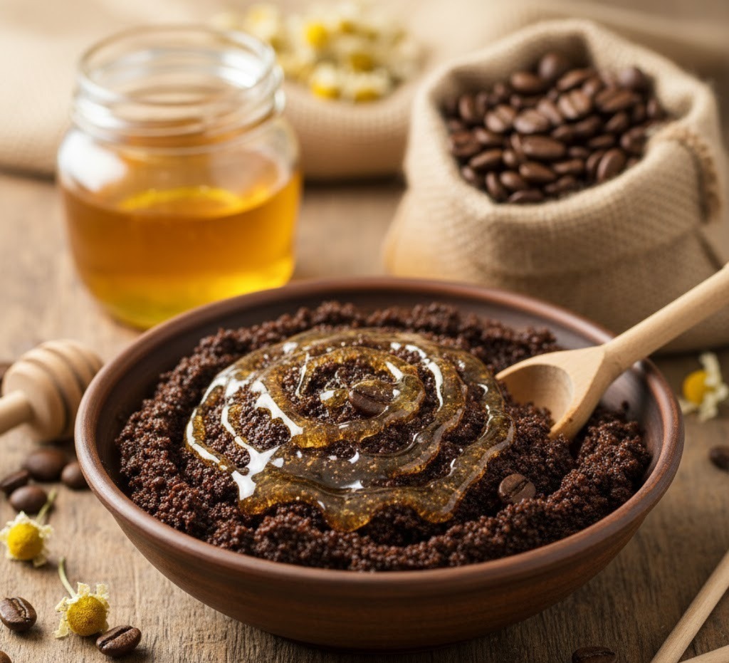 কফি-মধু স্ক্রাব: এক চামচ কফির সঙ্গে সামান্য মধু মিশিয়ে নরম পেস্ট তৈরি করুন। মুখে আলতো করে ঘষুন। কফি ত্বকের ময়লা দূর করে, আর মধু ত্বককে আর্দ্র রাখে। এতে দ্রুত উজ্জ্বলতা আসে।