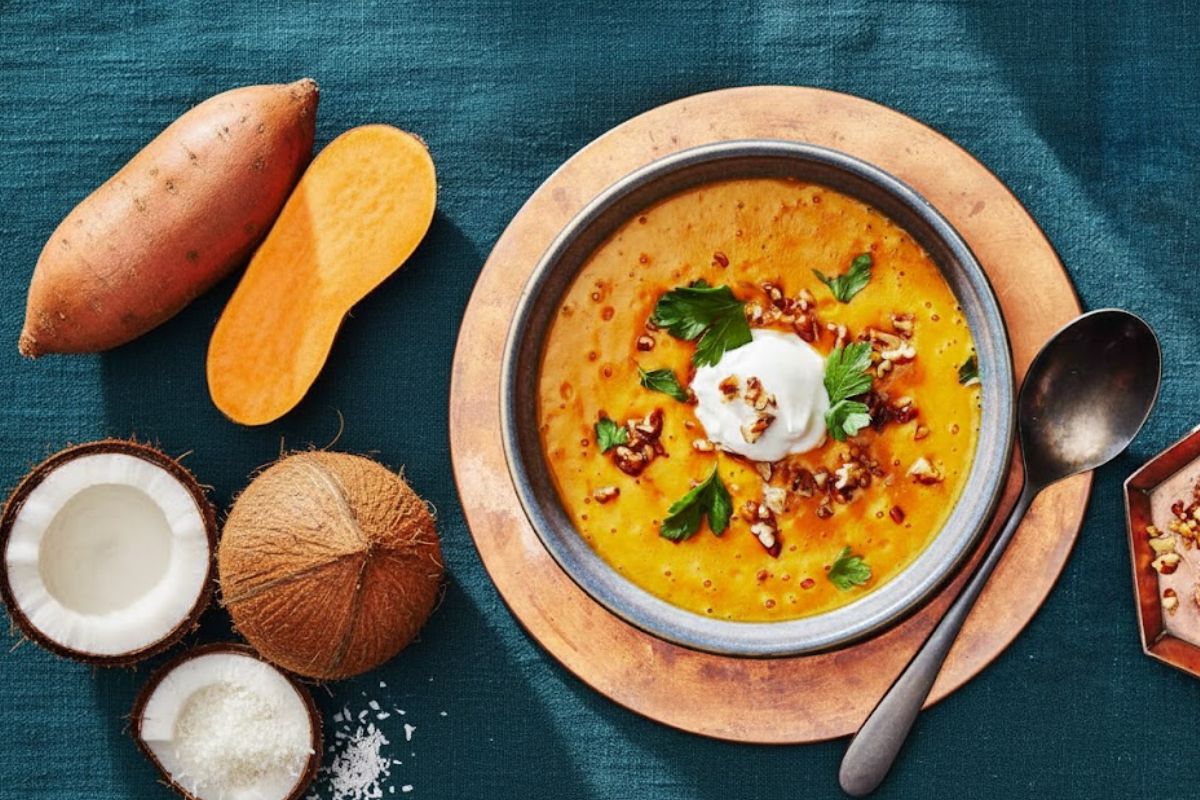 রাঙা আলু-নারকেলের স্যুপ: বিটা ক্যারোটিনে ভরপুর রাঙা আলু ত্বকের রঙ উজ্জ্বল করতে ও আর্দ্রতা বজায় রাখতে সাহায্য করে। অন্যদিকে নারকেলে থাকা স্বাস্থ্যকর ফ্যাট ত্বককে ভিতর থেকে নরম রাখে। রাঙা আলু ও নারকেলের এই ঘরোয়া স্যুপ শীতে রুক্ষতা কমিয়ে ত্বকে দেয় মসৃণ অনুভূতি।